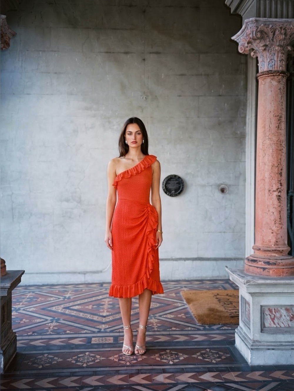 J.Crew Collection One-Shoulder Crinkle Chiffon Ruffle Midi Dress